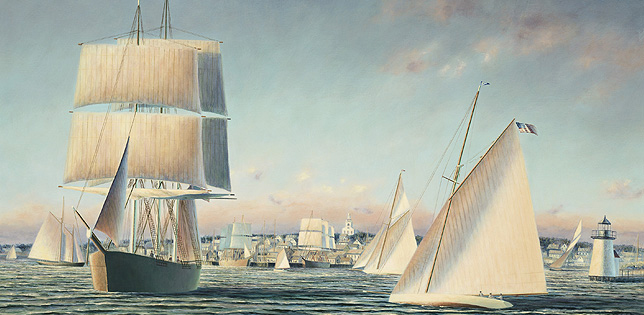 Leaving the Harbor, Nantucket, Massachusettes circa 1800: Historical Maritime Painting by Christopher James Ward